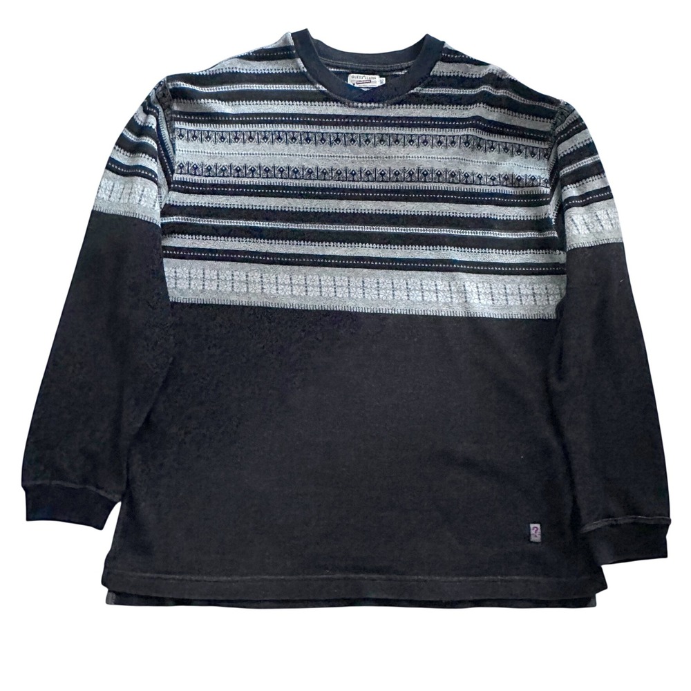 Vintage Guess Jeans Mens XL Knit Long Sleeve Striped Fair Isle Shirt Black Grey